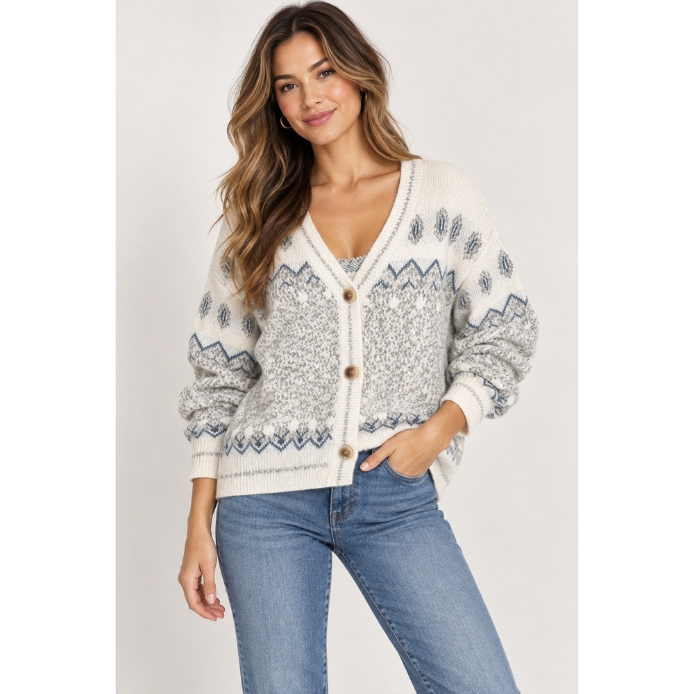 Romantic Hut Fuzzy Knit Cardigan Sweater Fair Isle Nordic Pattern Cottagecore